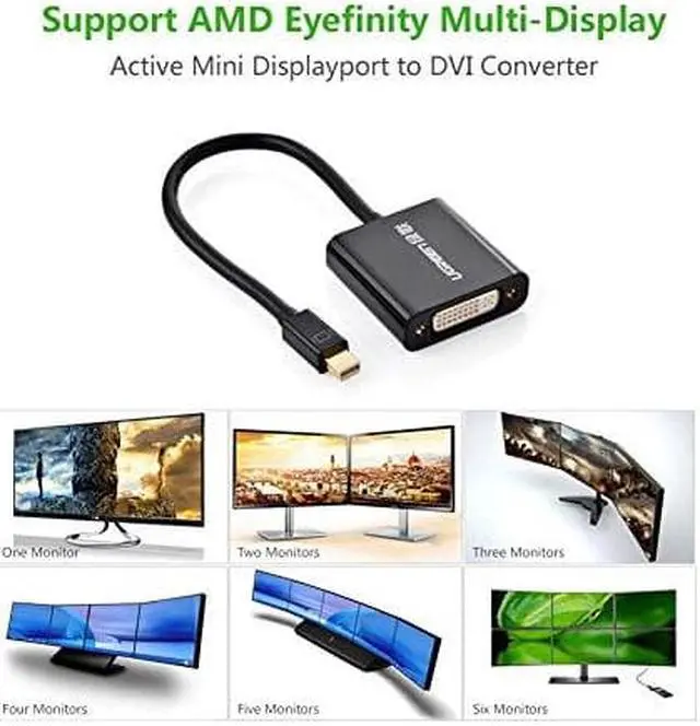 Alt view image 2 of 6 - UGREEN Active Mini DisplayPort to DVI Adapter Thunderbolt Compatible Male to Female Converter for 4K Eyefinity, 1080P, Macbook, Mac Mini, Surface Pro, Chromebook Pixel