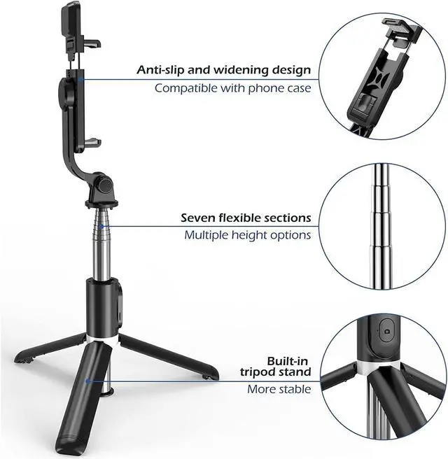 Alt view image 3 of 6 - Selfie Stick with LED Light, Wireless Remote Shutter Button and Tripod Base - Black