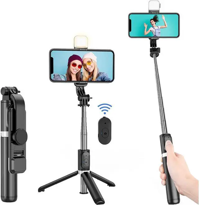 Main image of Selfie Stick with LED Light, Wireless Remote Shutter Button and Tripod Base - Black