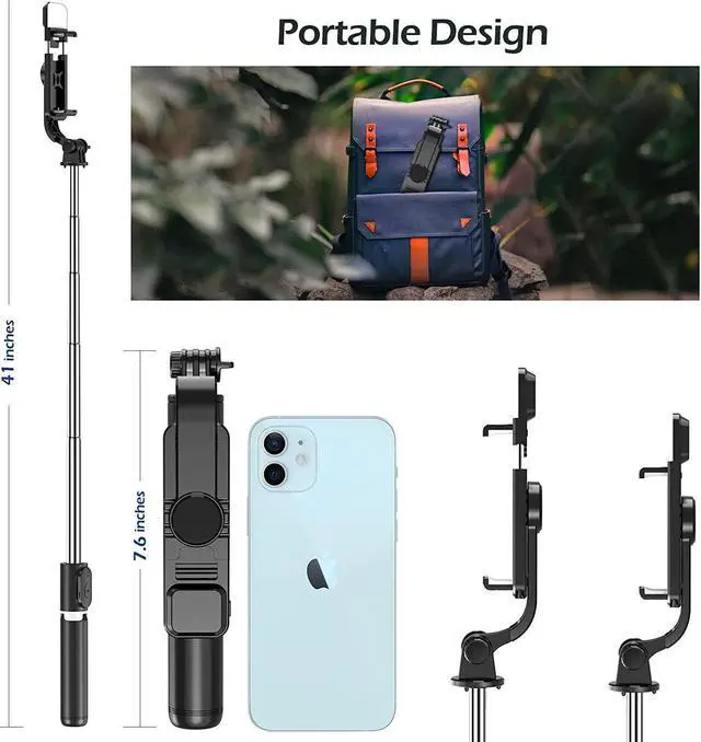 Alt view image 4 of 6 - Selfie Stick with LED Light, Wireless Remote Shutter Button and Tripod Base - Black