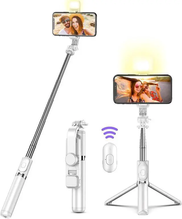 Main image of Selfie Stick with LED Light, Wireless Remote Shutter Button and Tripod Base - White