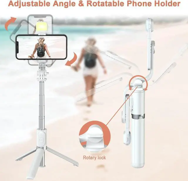 Alt view image 2 of 5 - Selfie Stick with LED Light, Wireless Remote Shutter Button and Tripod Base - White