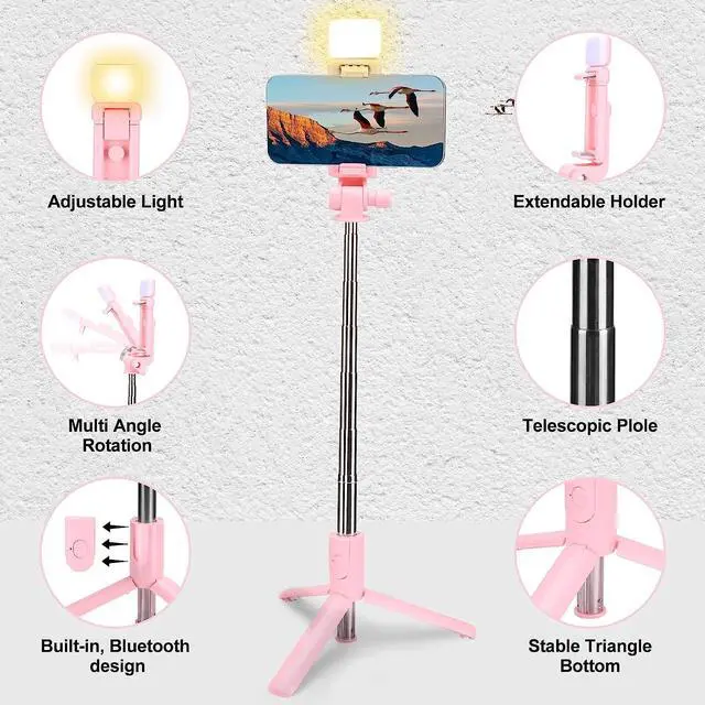 Alt view image 2 of 7 - Selfie Stick with LED Light, Wireless Remote Shutter Button and Tripod Base - Pink