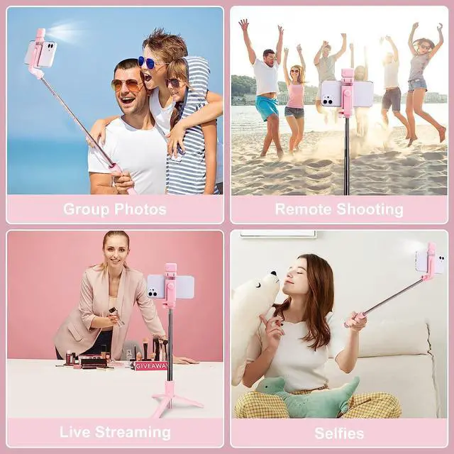 Alt view image 4 of 7 - Selfie Stick with LED Light, Wireless Remote Shutter Button and Tripod Base - Pink
