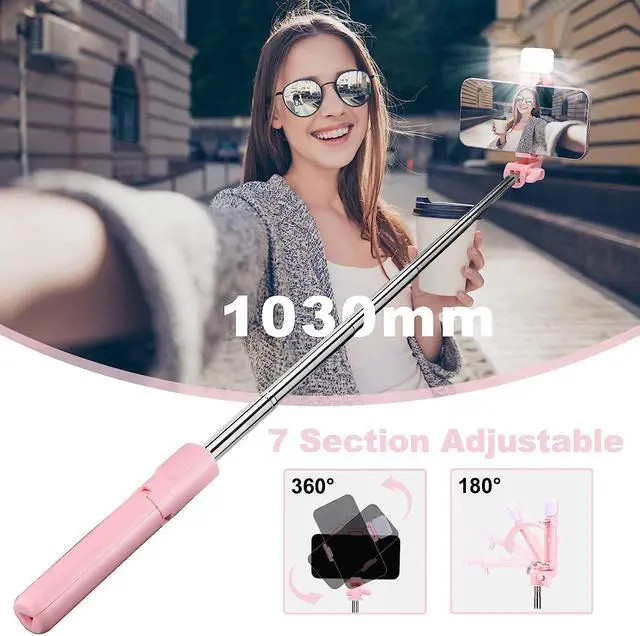 Alt view image 5 of 7 - Selfie Stick with LED Light, Wireless Remote Shutter Button and Tripod Base - Pink