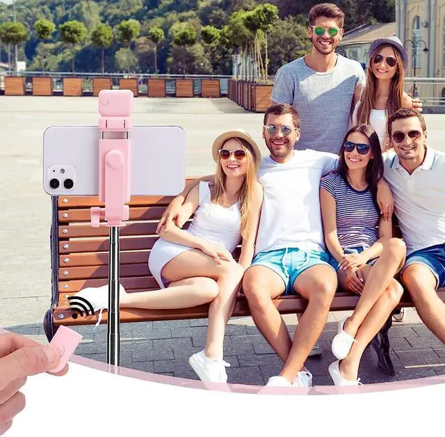 Alt view image 6 of 7 - Selfie Stick with LED Light, Wireless Remote Shutter Button and Tripod Base - Pink