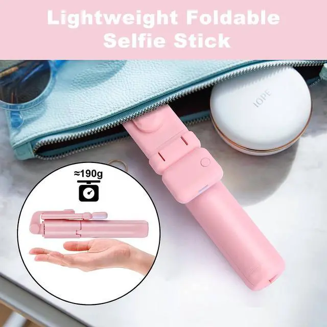 Alt view image 7 of 7 - Selfie Stick with LED Light, Wireless Remote Shutter Button and Tripod Base - Pink