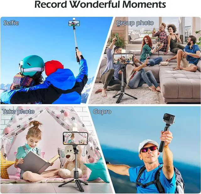 Alt view image 6 of 6 - Selfie Stick with LED Light, Wireless Remote Shutter Button and Tripod Base - Black