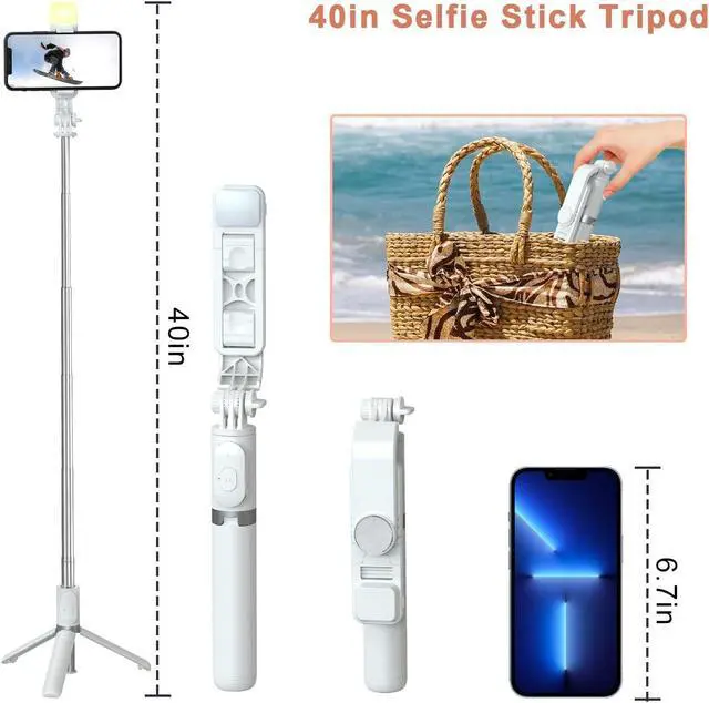 Alt view image 4 of 5 - Selfie Stick with LED Light, Wireless Remote Shutter Button and Tripod Base - White