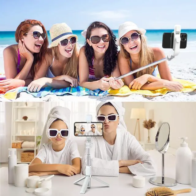 Alt view image 5 of 5 - Selfie Stick with LED Light, Wireless Remote Shutter Button and Tripod Base - White