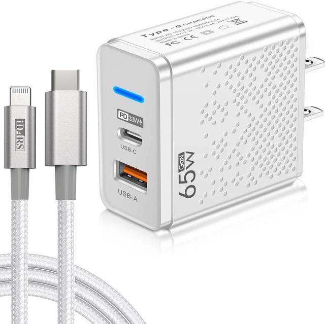 65W GaN Dual Port 33W USB-C PD Power Delivery + 32W Quick Charge 3.0 Wall  Charger + MFi Certified USB-C to Lightning Cable (6 ft) - White