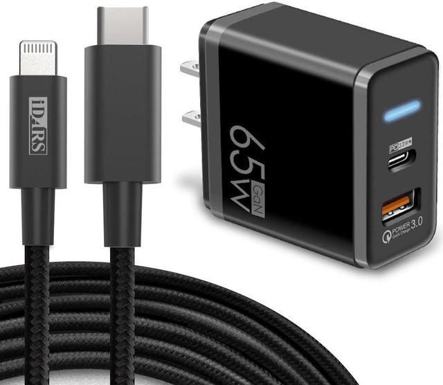 GaN 65W Dual Port 33W USB-C PD Power Delivery + 32W Quick Charge 3.0 Wall  Charger + MFi Certified USB-C to Lightning Cable (10 ft) - Black