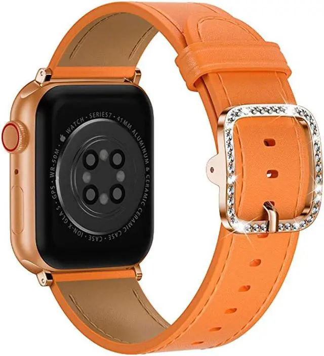 Main image of Genuine Leather Band with Diamond Buckle for Apple Watch 49mm / 45mm / 44mm / 42mm - Orange