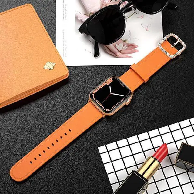 Alt view image 2 of 5 - Genuine Leather Band with Diamond Buckle for Apple Watch 49mm / 45mm / 44mm / 42mm - Orange