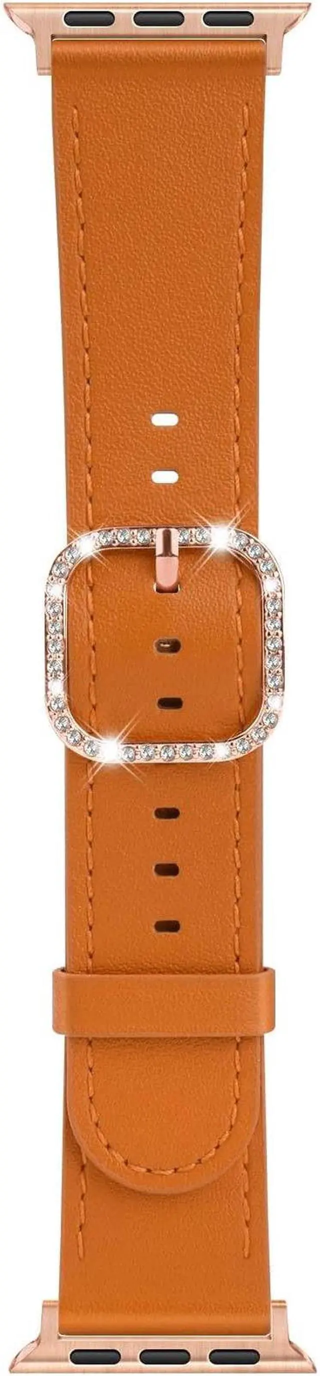 Alt view image 3 of 5 - Genuine Leather Band with Diamond Buckle for Apple Watch 49mm / 45mm / 44mm / 42mm - Orange