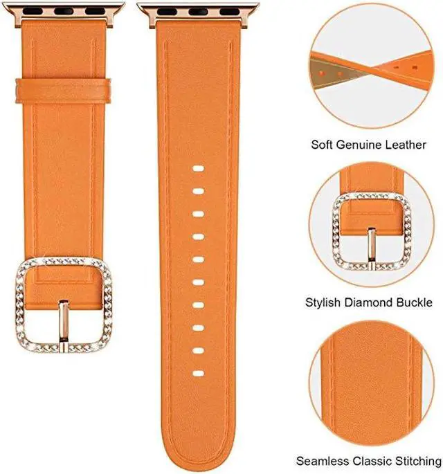 Alt view image 4 of 5 - Genuine Leather Band with Diamond Buckle for Apple Watch 49mm / 45mm / 44mm / 42mm - Orange