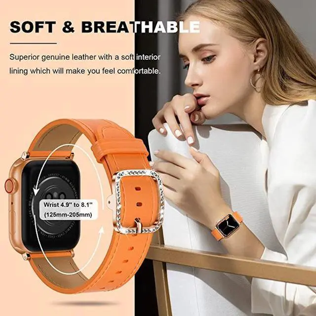 Alt view image 5 of 5 - Genuine Leather Band with Diamond Buckle for Apple Watch 49mm / 45mm / 44mm / 42mm - Orange