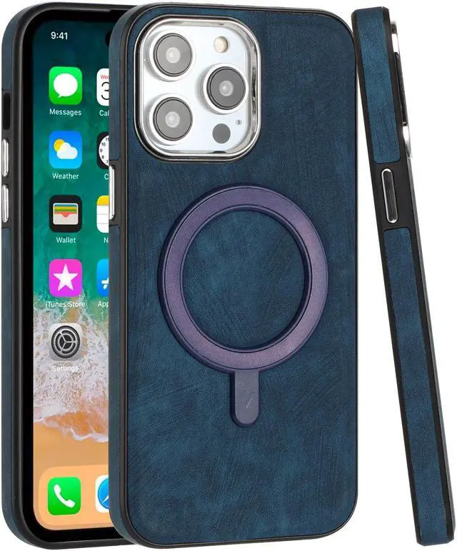 Alt view image 3 of 3 - MagSafe Compatible Premium Leather Case for iPhone 14 - Blue