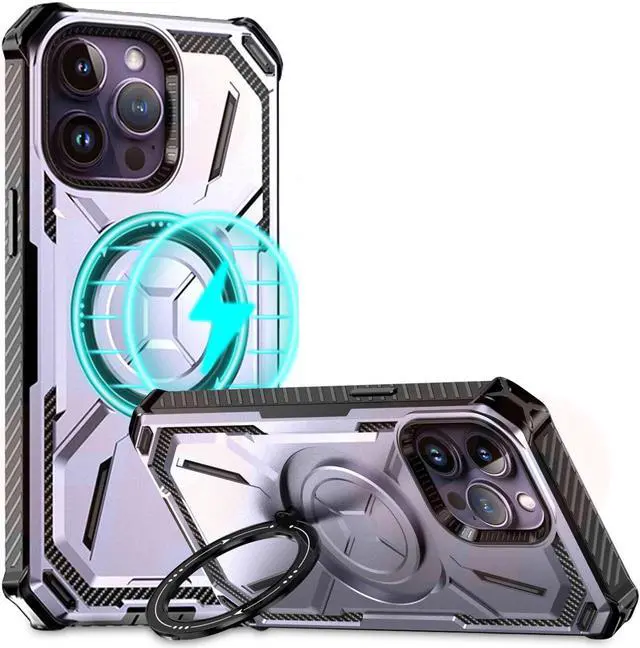 Alt view image 7 of 7 - MagSafe Compatible Military Grade Hybrid Case with Kickstand Ring Holder for iPhone 14 Pro - Purple