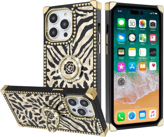 Square Case Compatible with iPhone 13 Pro Max, Luxury Clover Pattern  Shockproof Protection Heavy Duty Phone Case with Ring Stand 