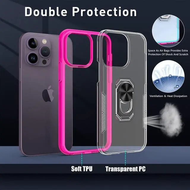 Alt view image 4 of 7 - Translucent Series Hybrid Case with Ring Grip for iPhone 14 Pro - Hot Pink