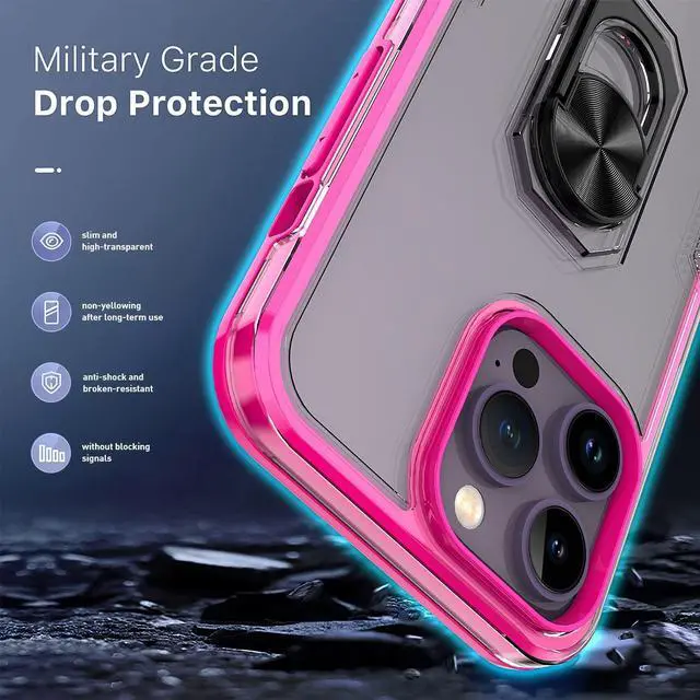 Alt view image 2 of 7 - Translucent Series Hybrid Case with Ring Grip for iPhone 14 Pro - Hot Pink