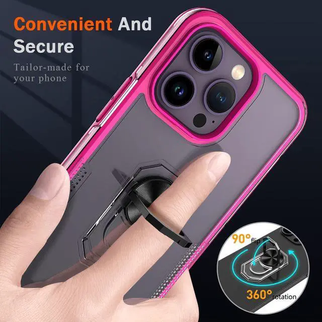 Alt view image 3 of 7 - Translucent Series Hybrid Case with Ring Grip for iPhone 14 Pro - Hot Pink