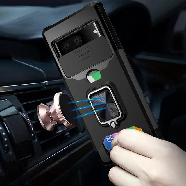 Alt view image 5 of 5 - Military Grade All-In-One Ring Stand Card Case for Google Pixel 7a - Black