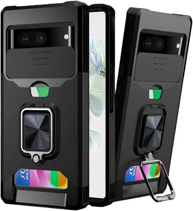 Alt view image 4 of 5 - Military Grade All-In-One Ring Stand Card Case for Google Pixel 7a - Black