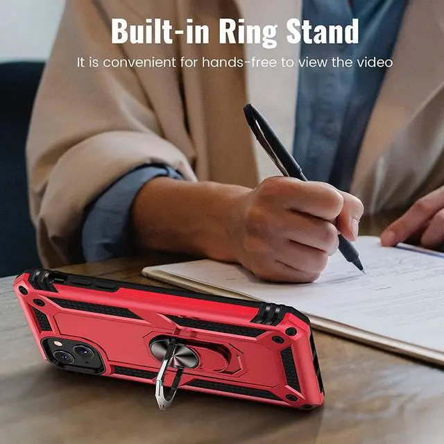 Alt view image 6 of 7 - Military Grade Finger Loop Case with 360° Rotating Ring Holder Kickstand for iPhone 13 - Red