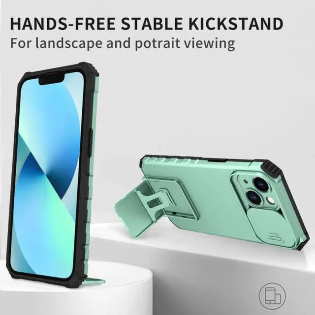 Alt view image 4 of 7 - Camera Privacy Cover Hybrid Case with Kickstand for iPhone 14 Plus - Green