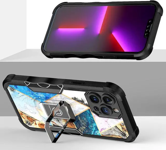 Alt view image 5 of 7 - Military Grade Shockproof Hybrid Armor Case with Ring Holder for iPhone 13 Pro Max - Marble