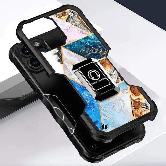 Alt view image 6 of 7 - Military Grade Shockproof Hybrid Armor Case with Ring Holder for iPhone 13 Pro Max - Marble