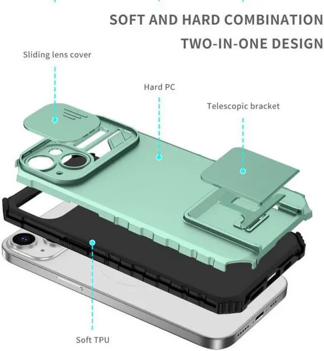 Alt view image 7 of 7 - Camera Privacy Cover Hybrid Case with Kickstand for iPhone 14 Plus - Green