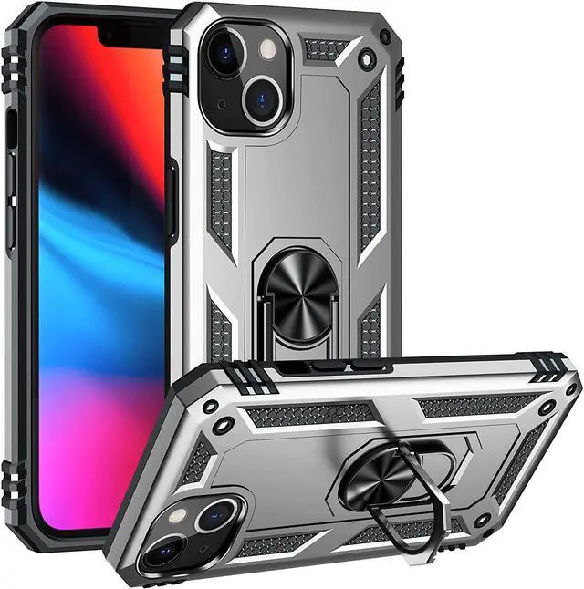 Main image of Military Grade Finger Loop Case with 360° Rotating Ring Holder Kickstand for iPhone 13 - Silver