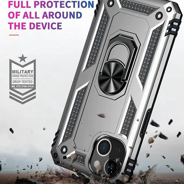 Alt view image 2 of 7 - Military Grade Finger Loop Case with 360° Rotating Ring Holder Kickstand for iPhone 13 - Silver