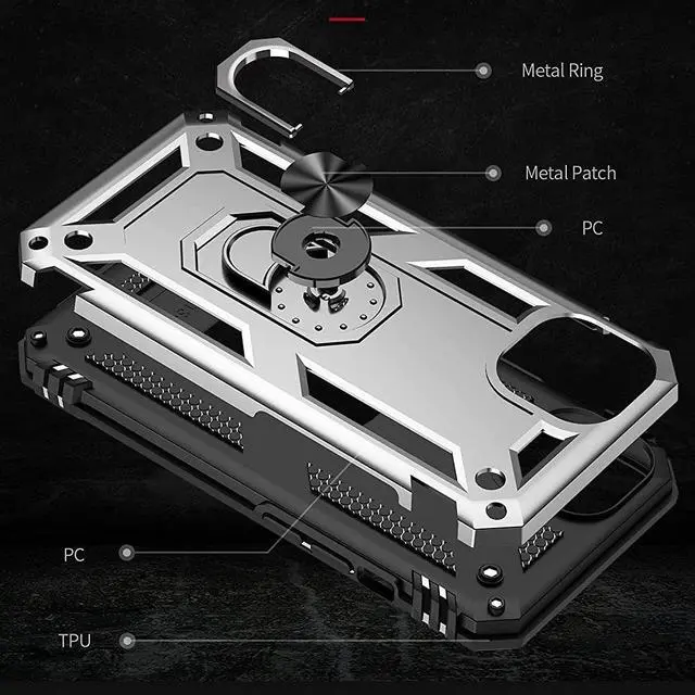 Alt view image 5 of 7 - Military Grade Finger Loop Case with 360° Rotating Ring Holder Kickstand for iPhone 13 - Silver