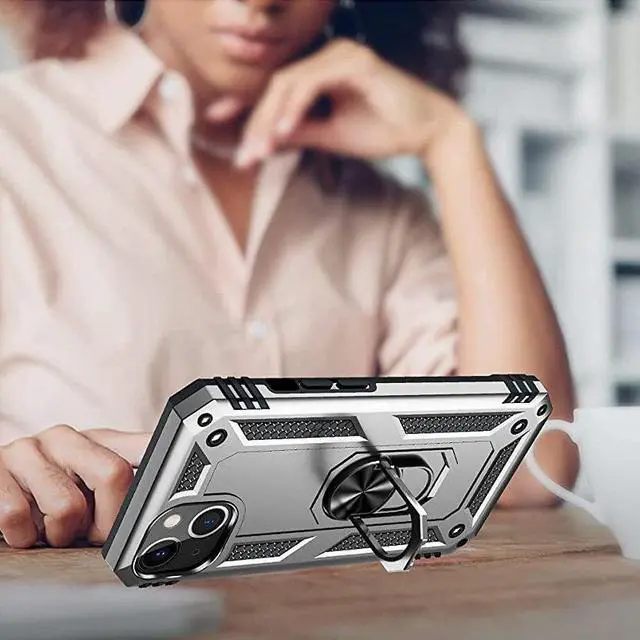Alt view image 6 of 7 - Military Grade Finger Loop Case with 360° Rotating Ring Holder Kickstand for iPhone 13 - Silver