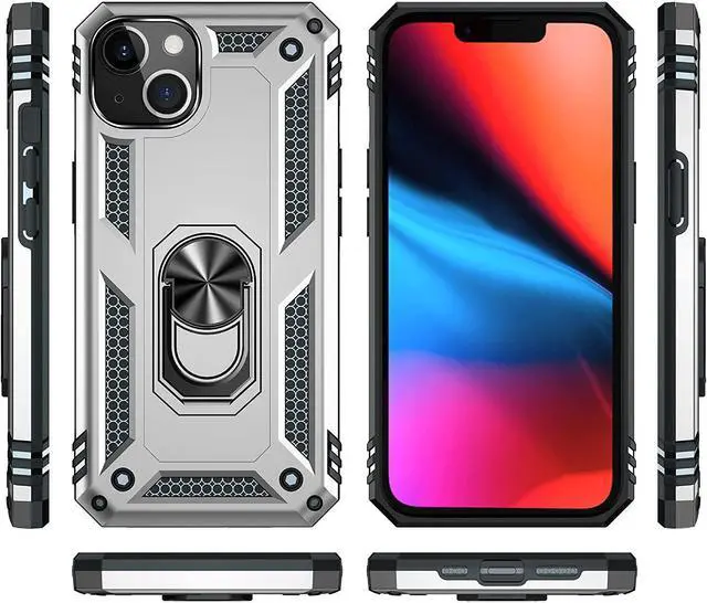 Alt view image 4 of 7 - Military Grade Finger Loop Case with 360° Rotating Ring Holder Kickstand for iPhone 13 - Silver