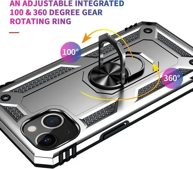 Alt view image 7 of 7 - Military Grade Finger Loop Case with 360° Rotating Ring Holder Kickstand for iPhone 13 - Silver