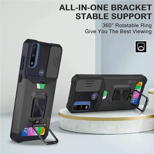 Alt view image 5 of 7 - Military Grade All-In-One Ring Stand Card Case for Motorola Moto G Play 2023 - Black
