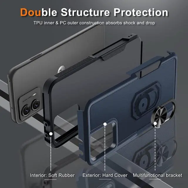 Alt view image 7 of 7 - Military Grade TUFF Shockproof Hybrid Armor Case with Ring Grip for Motorola Moto G Power 5G 2023 - Navy Blue