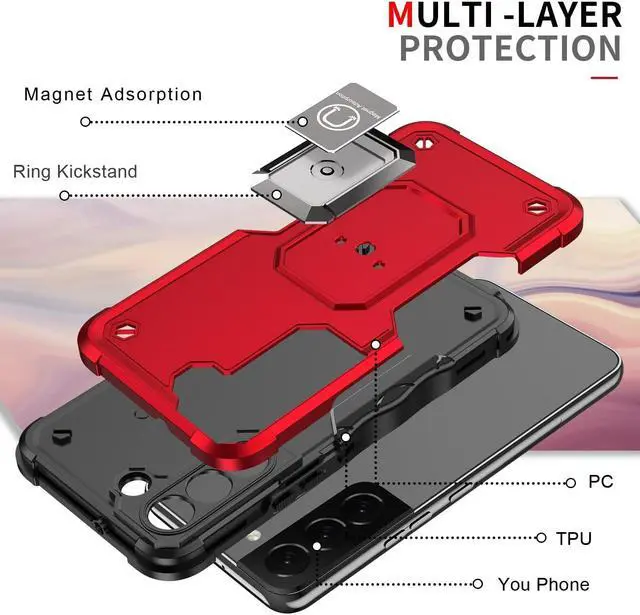 Alt view image 5 of 7 - Military Grade Shockproof Hybrid Armor Case with Ring Holder for Samsung Galaxy S22 5G - Red