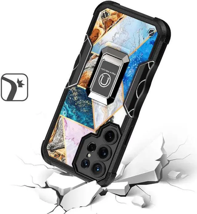 Alt view image 2 of 4 - Military Grade Shockproof Hybrid Case with Ring Holder for Samsung Galaxy S23 Ultra - Marble