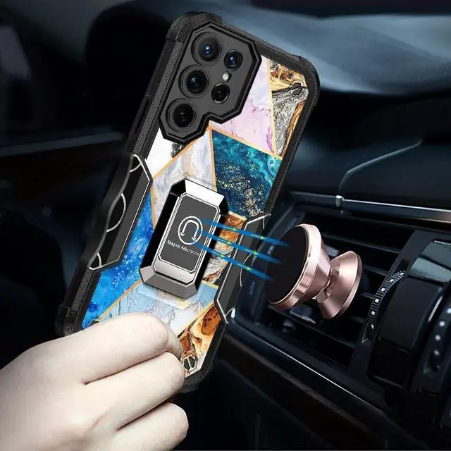 Alt view image 4 of 4 - Military Grade Shockproof Hybrid Case with Ring Holder for Samsung Galaxy S23 Ultra - Marble