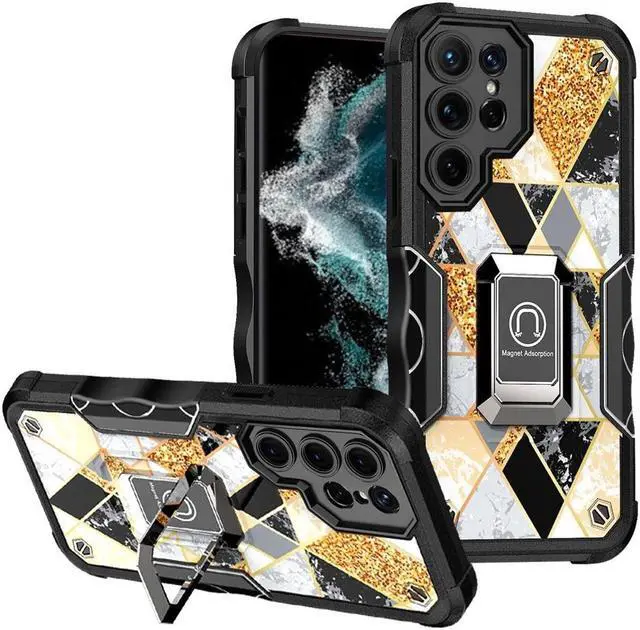 Main image of Military Grade Shockproof Hybrid Case with Ring Holder for Samsung Galaxy S23 Ultra - Marble Gold