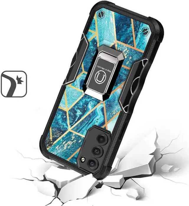 Alt view image 2 of 5 - Military Grade Shockproof Hybrid Armor Case with Ring Holder for Samsung Galaxy S22 Plus 5G - Marble Blue