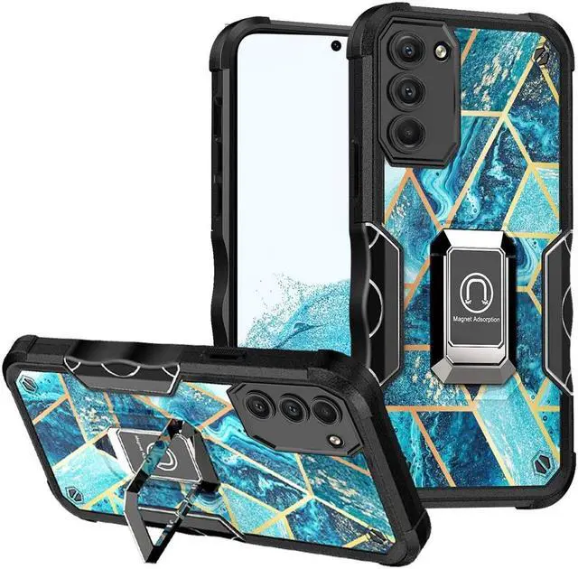 Main image of Military Grade Shockproof Hybrid Armor Case with Ring Holder for Samsung Galaxy S22 Plus 5G - Marble Blue