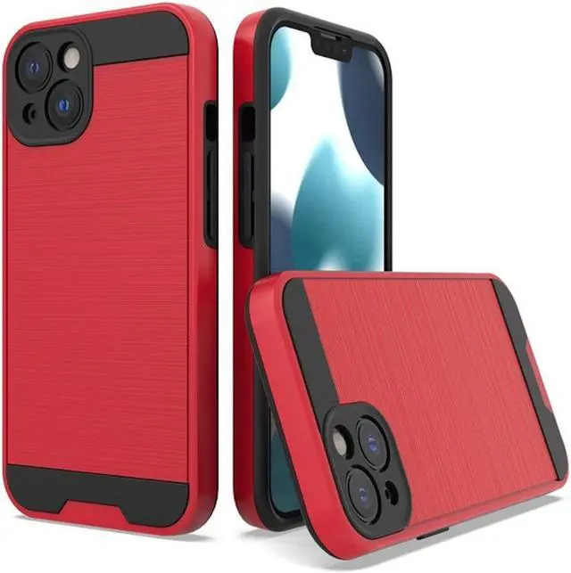 Main image of Brushed Metal Textured Hybrid Armor Case for iPhone 14 - Red