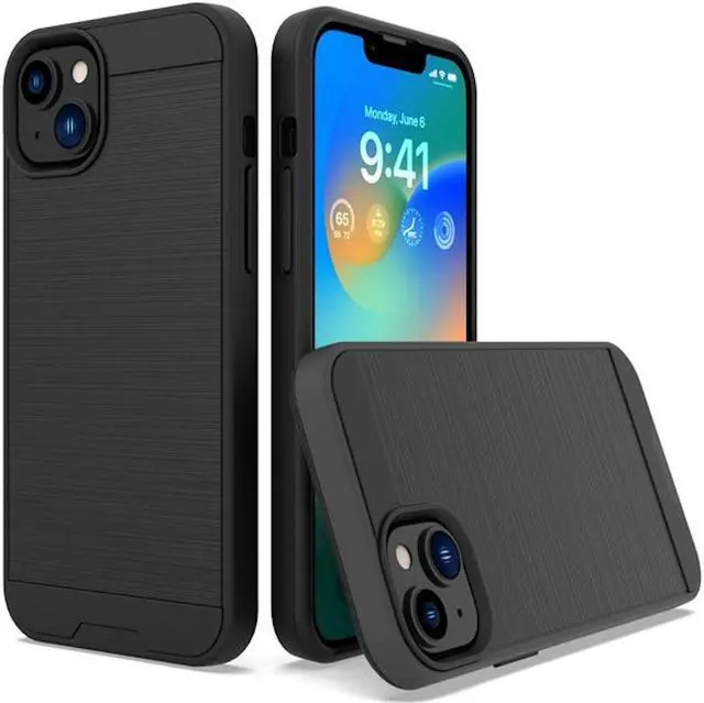 Main image of Brushed Metal Textured Hybrid Armor Case for iPhone 14 Plus - Black